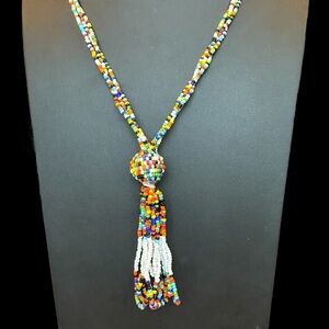 Vintage Handcrafted Artisan Multi Color Seed Bead Ball Tassel 30” Necklace